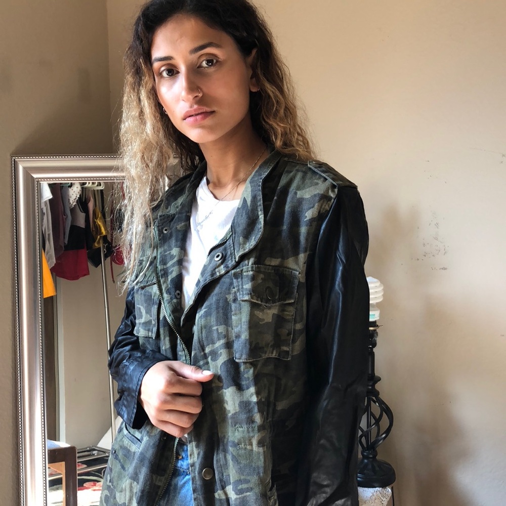 Camo jacket with pleather sleeves